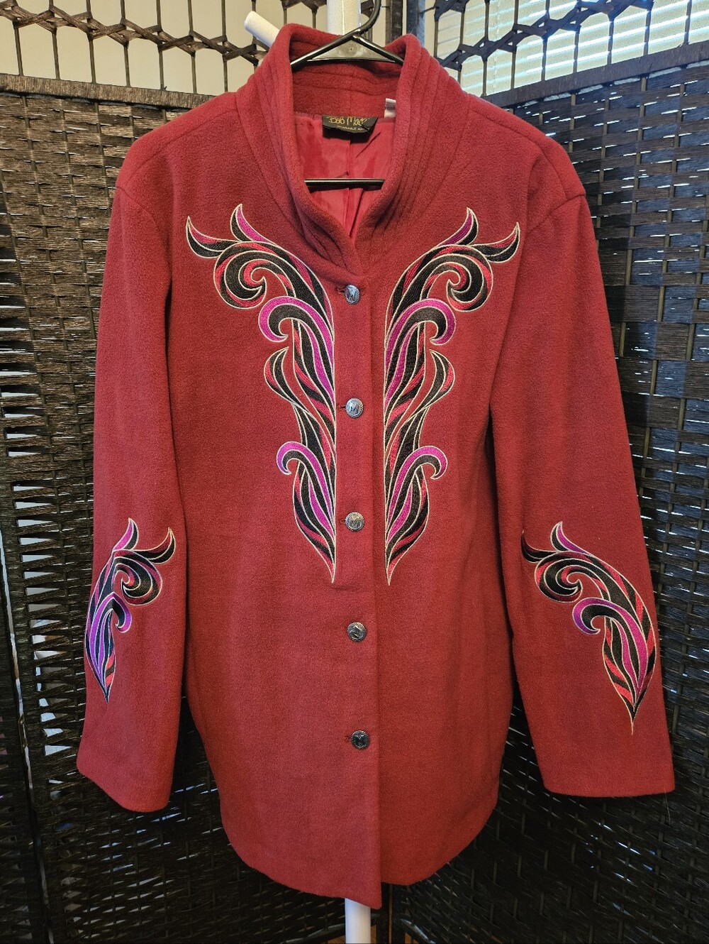 Bob Mackie Red Jacket with Pink & Black Embroidered Swirls